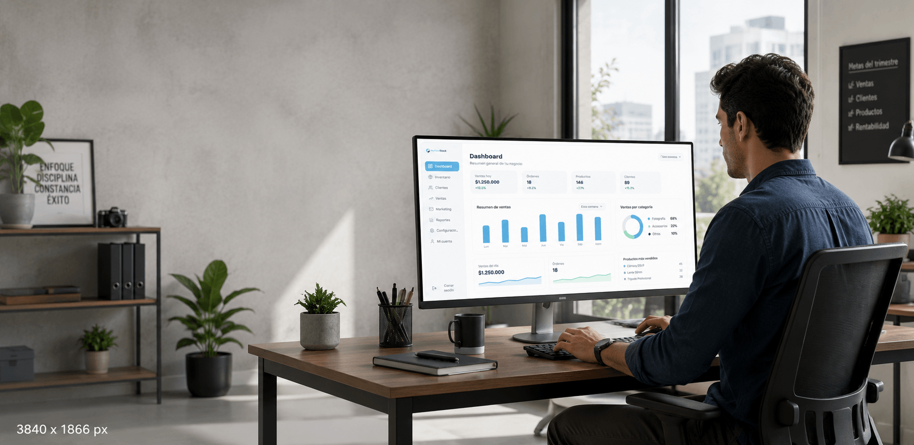 Comerciante usando MyFlowStock en su local con el dashboard en pantalla